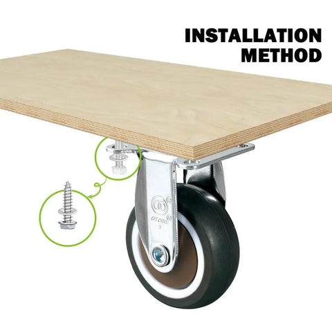 Installation method for Heavy Duty 2 Inch Rigid Caster Wheels Set Of 4 Beater Proof Tpr Casters on a plywood surface.