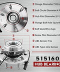 Diagram of 515160 Front Wheel Bearing and Hub Assembly 2 Pack for 4WD, showing dimensions and 6 lug ABS sensor.