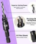 Five Piece Countersink Drill Bit Set Featuring True Eighty Two Degree Angle And One Quarter Inch Hex Shank Plus Matching Wood Plug Cutter with a precision chamfering design.