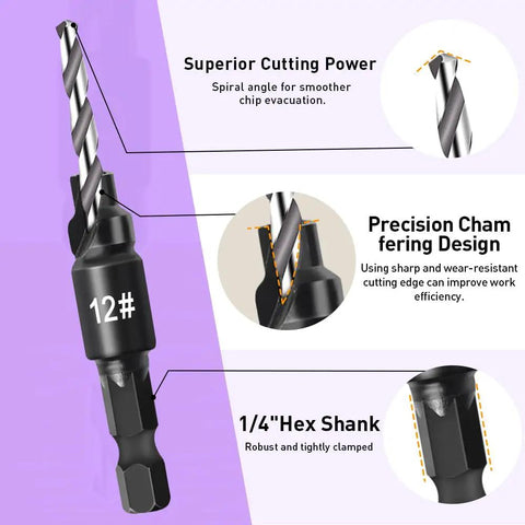 Five Piece Countersink Drill Bit Set Featuring True Eighty Two Degree Angle And One Quarter Inch Hex Shank Plus Matching Wood Plug Cutter with a precision chamfering design.