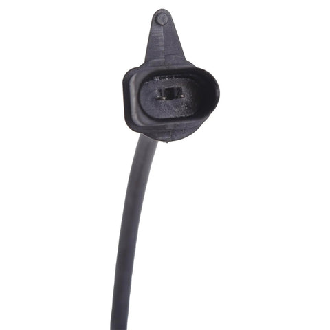 Close-up of a black front brake pad wear sensor with a 2-pin connector and attached cable