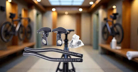 Aerobar Rests For Road Bikes And Triathlon, Aluminum Alloy TT Handlebars Arm Pads with Sponge Cushions, displayed in a bike room