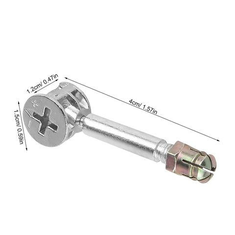 40 Piece Knockdown Hardware Kit With Pre Inserted Nut Bolts And Cam Lock Connectors For Panel Furniture And Office Desk Assembly Solid Steel Alloy Construction Silver Finish cam lock connector detail
