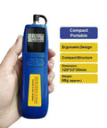 Fiber Optic Power Meter And Light Meter For Tech Pros Minus 70 To Plus 10 dBm 6 Calibrated Wavelengths in hand, ergonomic blue design