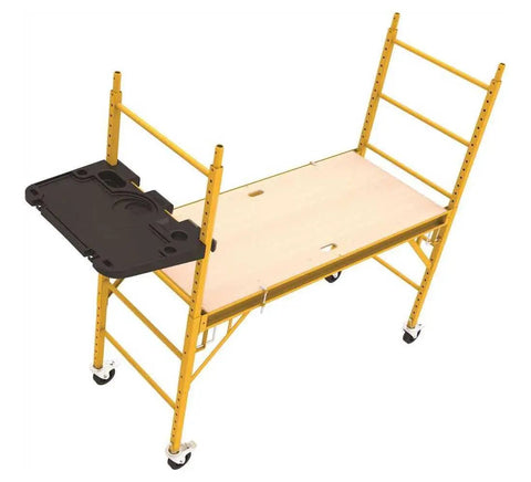 Zero Hassle Heavy Duty Baker Tool Tray For Active Job Sites With Six Foot Tool Deck Space And Quick Rung Mount Setup In Tough Black on scaffolding
