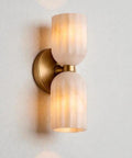 GLEAMING NEST Modern Alabaster Wall Sconce, Double Light Fixture, Antique Brass Finish, Fluted Stone Shades, Contemporary Wall Lamp for Bedroom, Living Room & Hallway, Brushed Chrome, close-up view