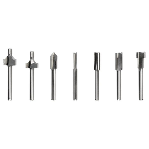 Six hardened steel shaping bits for Bench Mounted Router Table Adapter For Corded Rotary Power Tools, ideal for edge grooving.