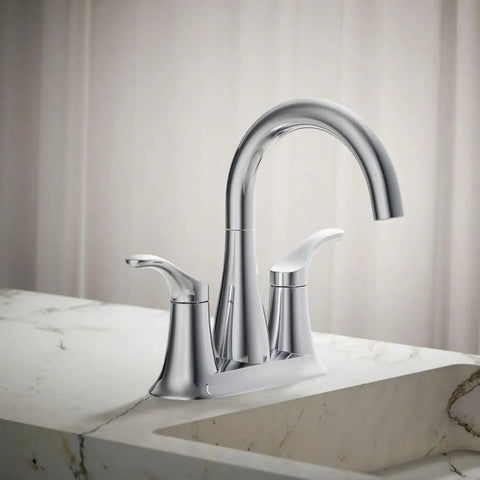 Simplice Centerset Bathroom Sink Faucet With Two Lever Handles And Clicker Drain 1.0 GPM Flow Polished Chrome Vanity Faucet For Modern Bathrooms In Any Bathroom mounted on marble sink
