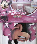 Disney Minnie Bow-Tique Peel And Stick Wall Decals For Kids Room packaging with image of Minnie Mouse in pink bow and polka dot dress.