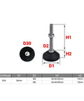 Universal Adjustable Furniture Leveling Feet Four Pack Featuring Swivel Angle Controls Ranging From One To Two Point Five Inches Tall Carbon Steel Bodies Nylon Glide Pads Banish Wobbly Surfaces Instantly, showing dimensions and components.