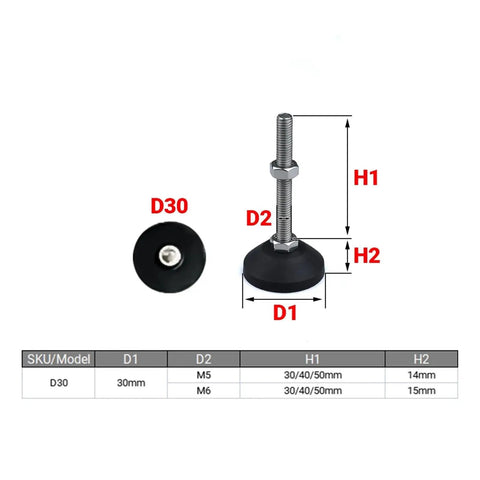 Universal Adjustable Furniture Leveling Feet Four Pack Featuring Swivel Angle Controls Ranging From One To Two Point Five Inches Tall Carbon Steel Bodies Nylon Glide Pads Banish Wobbly Surfaces Instantly, showing dimensions and components.