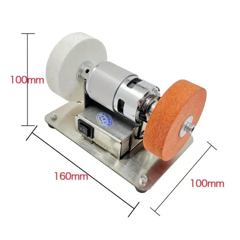 Compact Electric Bench Grinder Featuring Dual Coarse And Fine Wheels for precise metal sharpening and jewelry buffing, 160mm x 100mm.