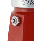 Close-up of Limited Edition Tricolore Moka Pot in classic Italian style with durable aluminum body and bolt detail, holds 40ml per brew.