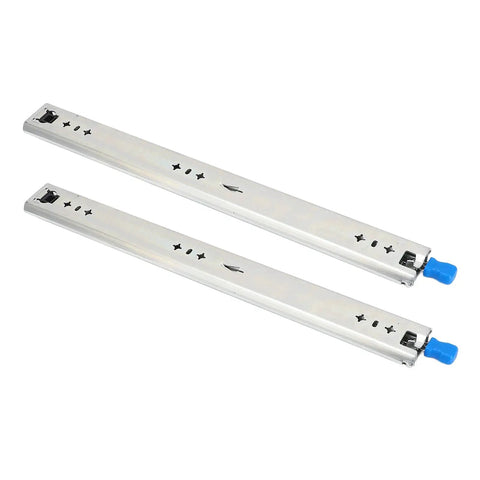 Heavy Duty Self Locking Drawer Slides 12 Inch Side Mount Extension Glides Featuring Triple Locking Mechanism showing stainless steel slides.