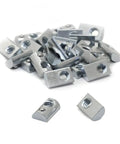 Real Deal Steel Roll In T Nuts With Ball Springs For Aluminum Extrusion Frames Built Tough As A Nail Straight Up Heavy Duty 1/4 20 Fasteners Bright Zinc Coated T Slot Connectors Pack Of Ten, showing bright zinc coated t nuts.