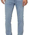 Slim Fit Jeans for Men With 33 Inseam, Light Indigo Stretch Denim, Five Pocket Style, Zip Fly With Button Closure, Straight Leg