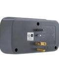 Back view of On-Wall Surge Protector Mount With Three Outlets And Two USB Ports, showing prongs and safety labels.