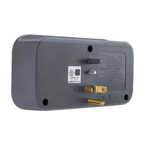 Back view of On-Wall Surge Protector Mount With Three Outlets And Two USB Ports, showing prongs and safety labels.
