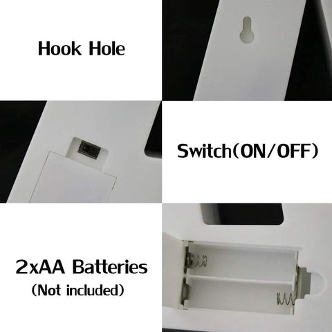 Back of Colorful LED Marquee Letter A With Remote Control showing hook hole, battery slot for 2xAA batteries, and switch.