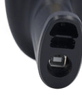Close-up of Wireless Barcode Scanner 1D 2D Handheld Reader USB port, durable ABS material, plug and play, long range transmission.