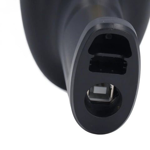 Close-up of Wireless Barcode Scanner 1D 2D Handheld Reader USB port, durable ABS material, plug and play, long range transmission.