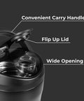 Close-up of Vacuum Insulated Protein Shaker Bottle Built For Totally Dead Silent Mixing And Sweat Proof Shell with flip up lid and carry handle.