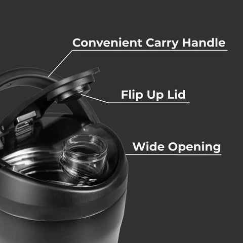Close-up of Vacuum Insulated Protein Shaker Bottle Built For Totally Dead Silent Mixing And Sweat Proof Shell with flip up lid and carry handle.