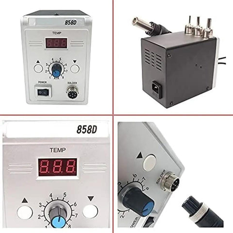 Hot Air Soldering Gun 858D 700W with Adjustable Airflow and Temperature, LCD Display, Control Knobs, Four Gun Holders