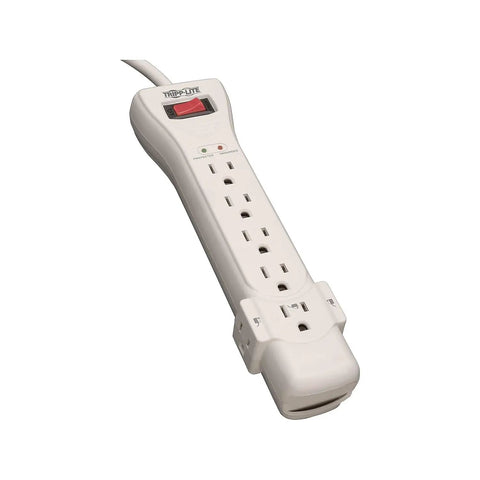 Flat Plug Power Strip Surge Protector With Seven Outlets And A Seven Foot Extension Cord 2160 Joules UL Listed White