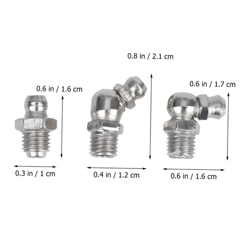 Pro Grade Grease Fittings Kit 45 Piece Assortment M8x1 straight and 90 degree angled zerk fittings size dimensions