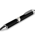 Two Pack Ball Point Pens With Smooth Ink For Effortless Writing Comfortable Grip Durable PC Body Stylish Prints Everyday Carry For School Work And Home Great Ink Flow For Daily Notes And Journaling, single black pen with silver accents on white background