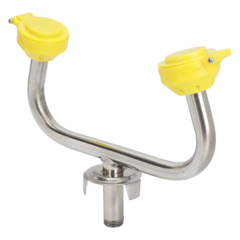 Emergency Eyewash Station With Faucet Mount showing stainless steel nozzle and yellow aerated spray heads.