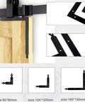 Set Of Four L Shape Corner Brackets In Carbon Steel With Black Anti Rust Coating For Sliding Barn Doors Functional And Decorative 90x90mm 125x125mm 195x195mm Sizes Ideal For Garage Doors Gates Shutters And Furniture shown in detail with wooden barn door.