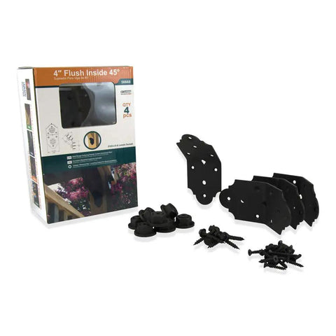 Box and contents of 45 Degree Flush Inside Angle Brackets Steel 4 Inch Black Powder Coated Finish Built For Outdoors Beefy 4 Pack