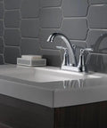 Woodhurst Centerset Chrome Two-Handle Bathroom Faucet for Modern Sinks with Push-Pop Drain Assembly in sleek bathroom