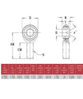 Bulletproof Hardcore 3/4 X 16 Heim Joints With Solid Bung Connectors and Heavy Duty Jam Nuts 4 Pack technical dimensions diagram.