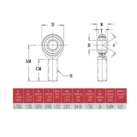 Bulletproof Hardcore 3/4 X 16 Heim Joints With Solid Bung Connectors and Heavy Duty Jam Nuts 4 Pack technical dimensions diagram.