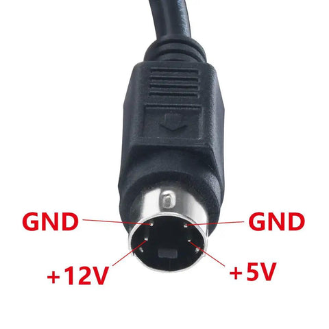Close-up of 4 Pin Din DC Power Adapter Hella Smooth Flat Plug Charging Cord Straight Up connectors showing +12V, +5V, GND labels.