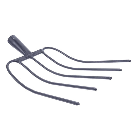 Handheld Manure Fork All Purpose Iron Tool For Farm And Lawn Cleanup Tough Raking Tool with four iron tines, side angle view