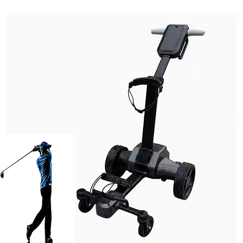Slick Six Wheel Electric Golf Cart, Smart Auto Follow Robotic Caddy with wheels and smartphone holder for easy transport.