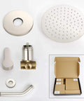 Components of Brushed Nickel Shower Faucet Set with Rainfall System, Wall Mounted Eight Inch Shower Head, Valve, and Handle