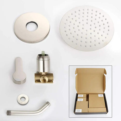 Components of Brushed Nickel Shower Faucet Set with Rainfall System, Wall Mounted Eight Inch Shower Head, Valve, and Handle