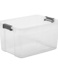 Modular Clear 76 Qt Storage Box Stackers with locking lids, durable grey plastic, perfect for home, garage, and office use Model 14763V06.