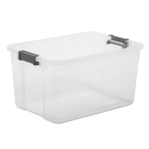 Modular Clear 76 Qt Storage Box Stackers with locking lids, durable grey plastic, perfect for home, garage, and office use Model 14763V06.