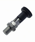Rock Solid Self Locking Indexing Pin With Heavy Duty Metal Body And Reliable Plunger Lock For Repeatable Machine Alignment And Straight Up Stress Free Workshop Setup Hardware, close-up of black pull knob and hexagon nut.