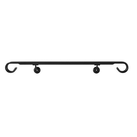 Top Notch Three Foot Aluminum Handrail Kit With Rust Proof Slick Matte Black Finish For Indoor Outdoor Stairs Decks And Landings Smooth No Hassle Mounting Setup straight view of matte black aluminum handrail with curved ends.