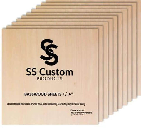 Basswood sheets, 12 x 12 in, 1/16 in (1.5 mm) thick, 10-pack, SS Custom brand.