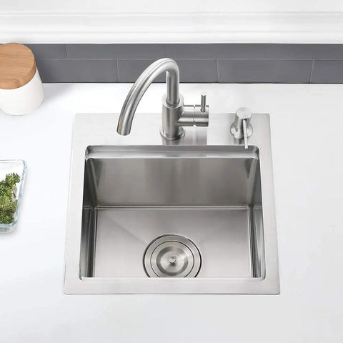 Overhead view of 15 Inch Bar Sink Drop In Workstation With Cutting Board 16 Gauge Stainless Steel Single Bowl Bar Prep Sink