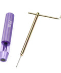 M2x0.4 Threaded Inserts Repair Kit installation tool close-up, purple handle with steel insertion rod, for metal machinery projects.