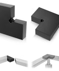 Top Tier Bulletproof Black Corner Connector For 90 Degree Cable Deck Hand Rail, POM fitting shown from multiple angles.